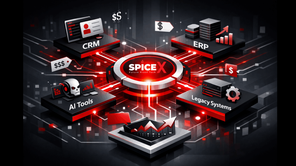 Digital illustration showing SpiceX as a central integration hub connecting CRM, ERP, AI tools, and legacy systems with glowing red, black, and grey circuits, representing enterprise system orchestration and integration cost.